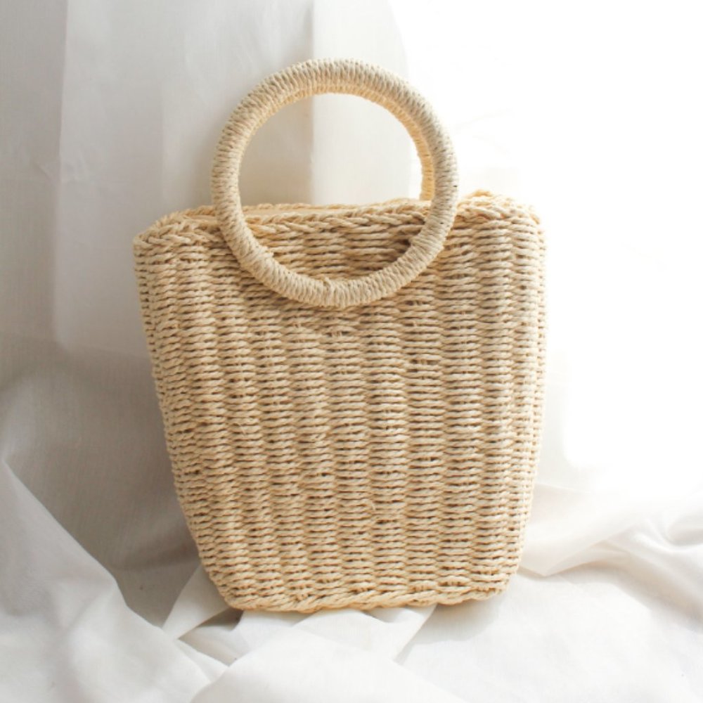Woven Rattan Top Handle Bag Boho Straw Purse Summer Coastal Chic